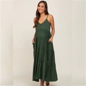 Discover the Elegance of the Green Ruffled Layered Maternity Suspender Dress